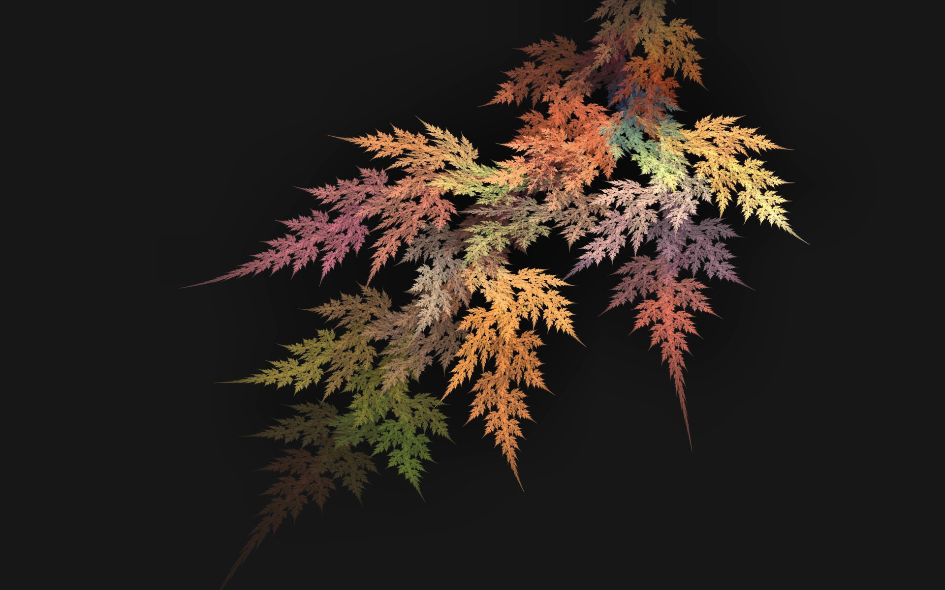 An artistic depiction of colorful leaves on a dark background, creating a vibrant and striking HD desktop wallpaper for nature lovers.