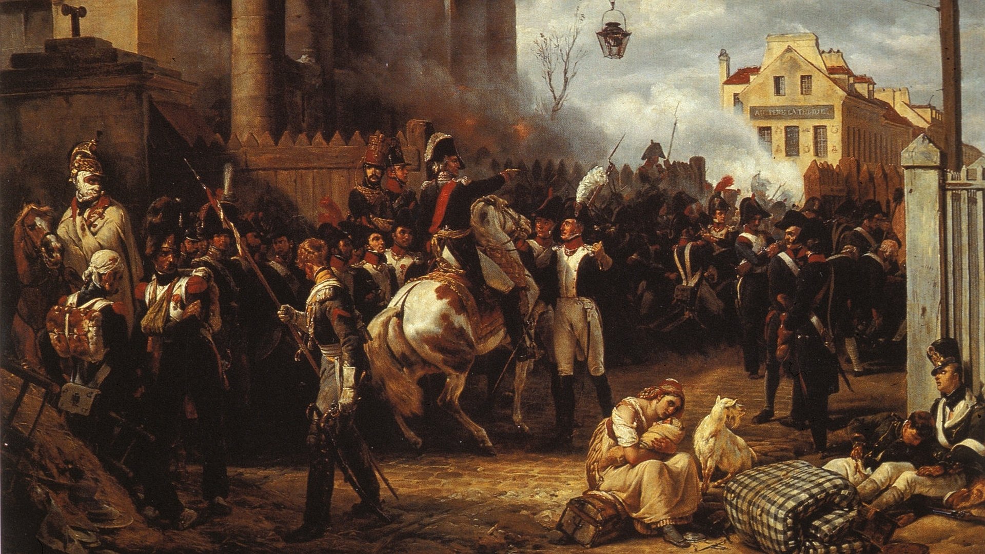 HD PC desktop wallpaper background: dramatic military scene with soldiers and a mounted officer in a crowded town square, wounded civilians and wartime commotion.