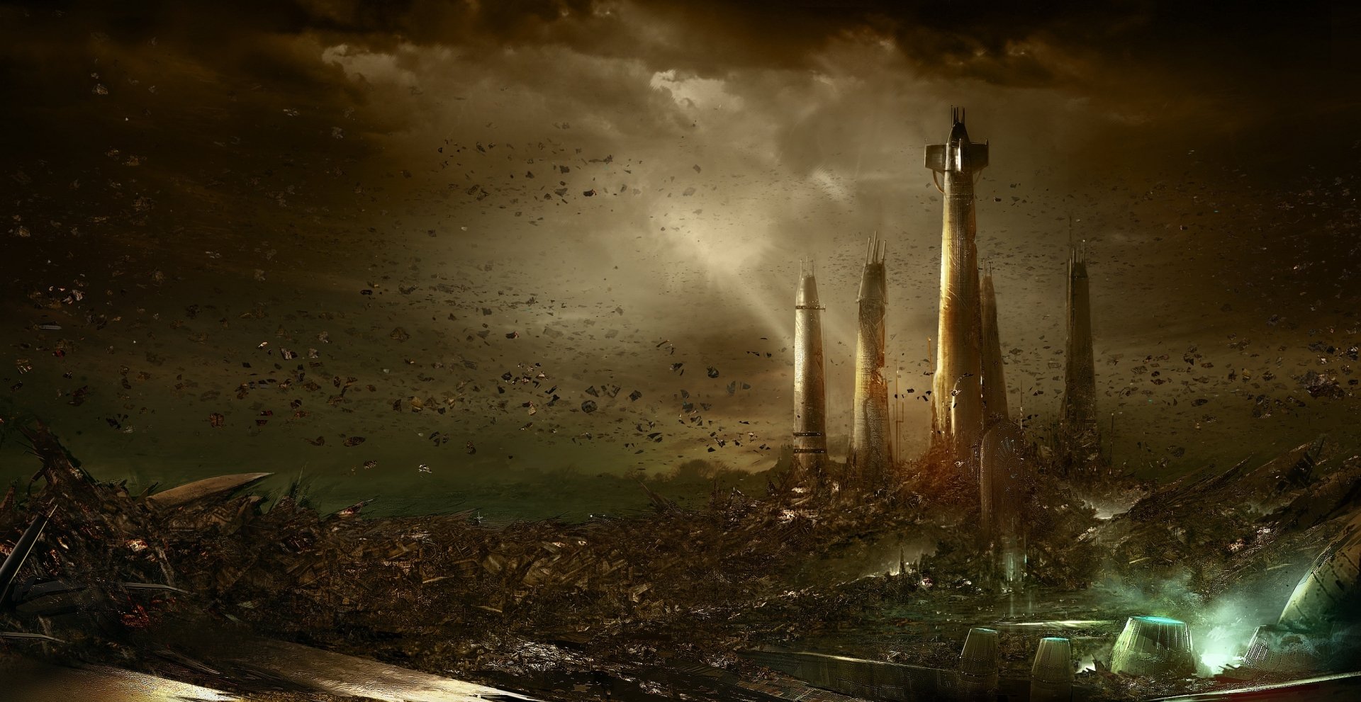 HD Sci-Fi Star Wars desktop wallpaper featuring a dark, futuristic cityscape with tall towers under a stormy sky filled with flying ships.