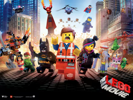 Colorful HD wallpaper featuring characters from The LEGO Movie, including Emmet, Wyldstyle, Batman, Benny, Unikitty, and Metalbeard, set against a dynamic space backdrop.
