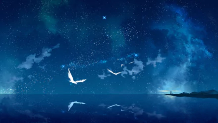 HD desktop wallpaper depicting an anime landscape with birds flying under a starry sky above a calm sea.