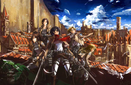 HD desktop wallpaper featuring Sasha Blouse and Mikasa Ackerman from Attack on Titan, poised against a backdrop of a European-style city under a dynamic sky.