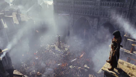 HD wallpaper featuring Arno Dorian from Assassin's Creed: Unity overlooking a bustling crowd from a rooftop.