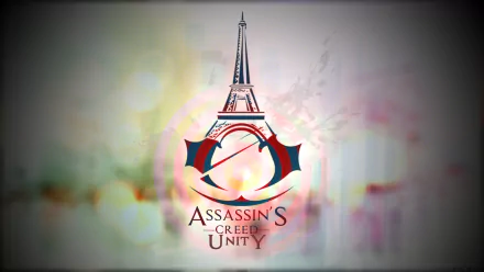 An HD wallpaper featuring the logo of Assassin's Creed: Unity, highlighting the iconic Eiffel Tower in a vibrant, artistic background.