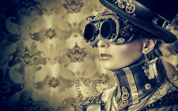 Steampunk-themed HD wallpaper featuring a person with goggles and top hat against a patterned backdrop.