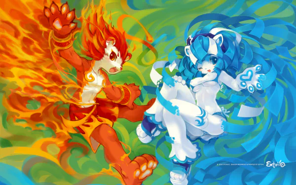 HD desktop wallpaper featuring fiery Merly and icy Lyo, mascots of the 2010 Summer Youth Olympics in Singapore, representing summer sports energy and spirit.