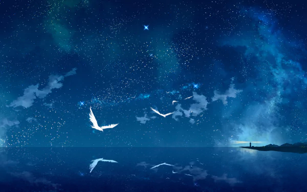 HD desktop wallpaper depicting an anime landscape with birds flying under a starry sky above a calm sea.