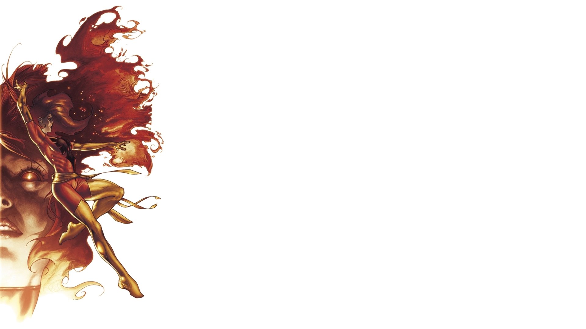 HD PC desktop wallpaper featuring Dark Phoenix, Jean Grey, and Phoenix from Marvel Comics in a dynamic, fiery comic-style illustration.