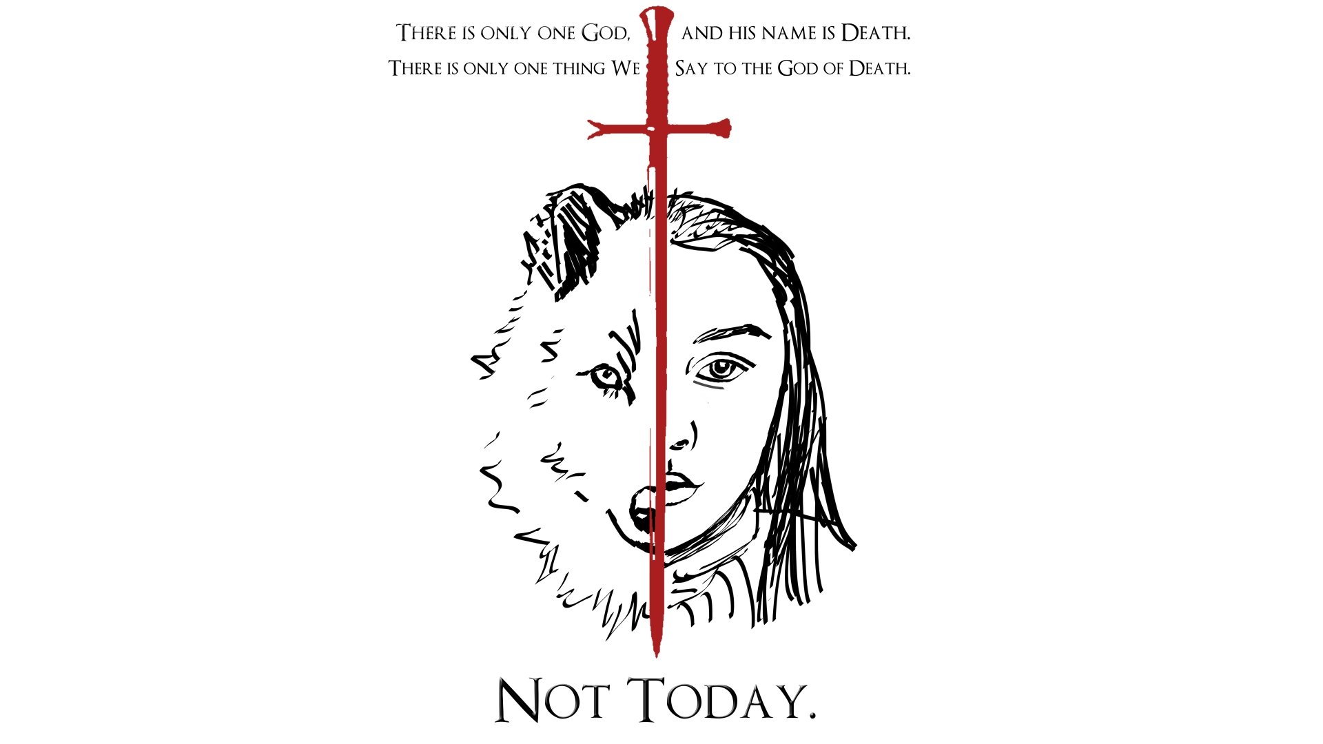 Minimalist 8K Ultra HD Game of Thrones desktop wallpaper featuring Arya Stark split with a red sword and the quote, There is only one god... Not today.