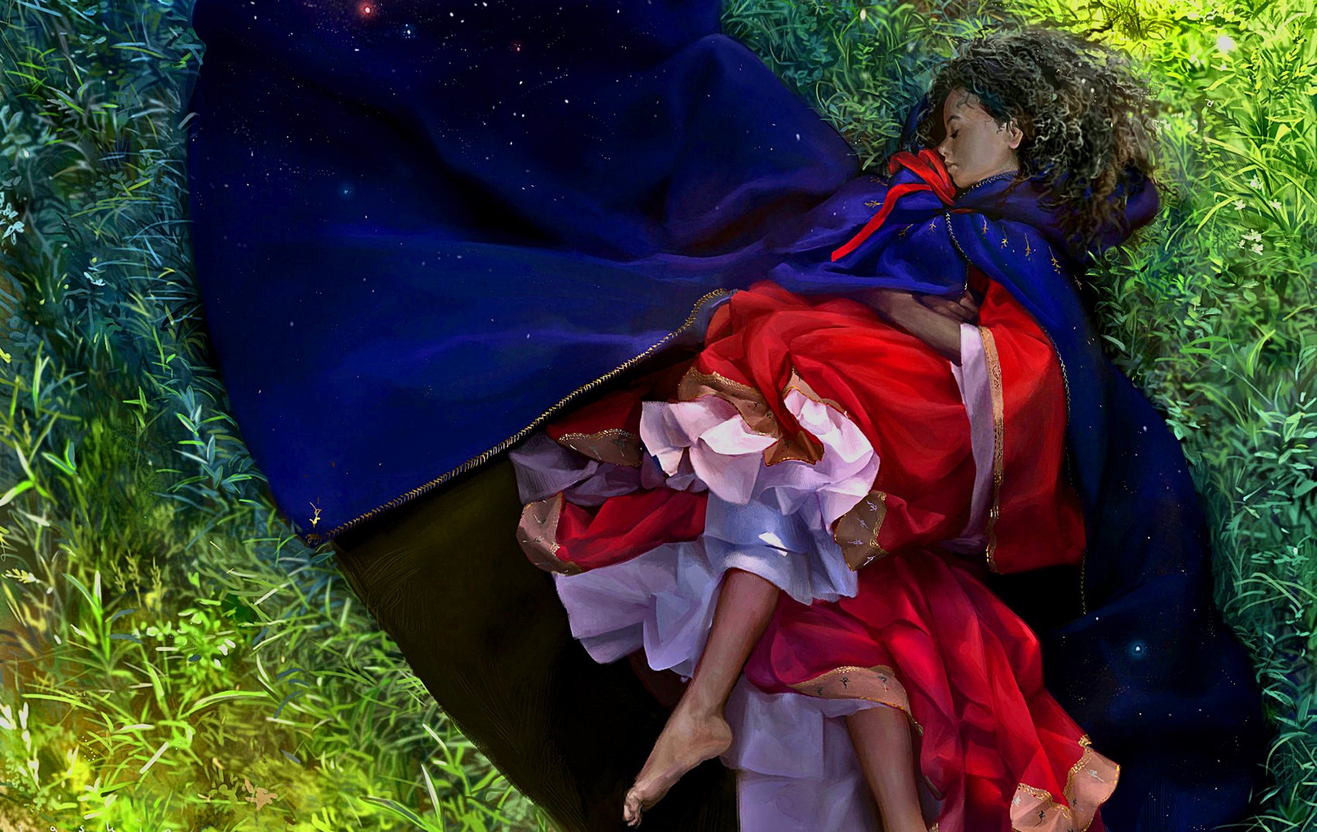 Fantasy dream scene, HD PC desktop wallpaper and background: a cloaked figure in a flowing red dress sleeps on grass under a star-specked navy cloak.