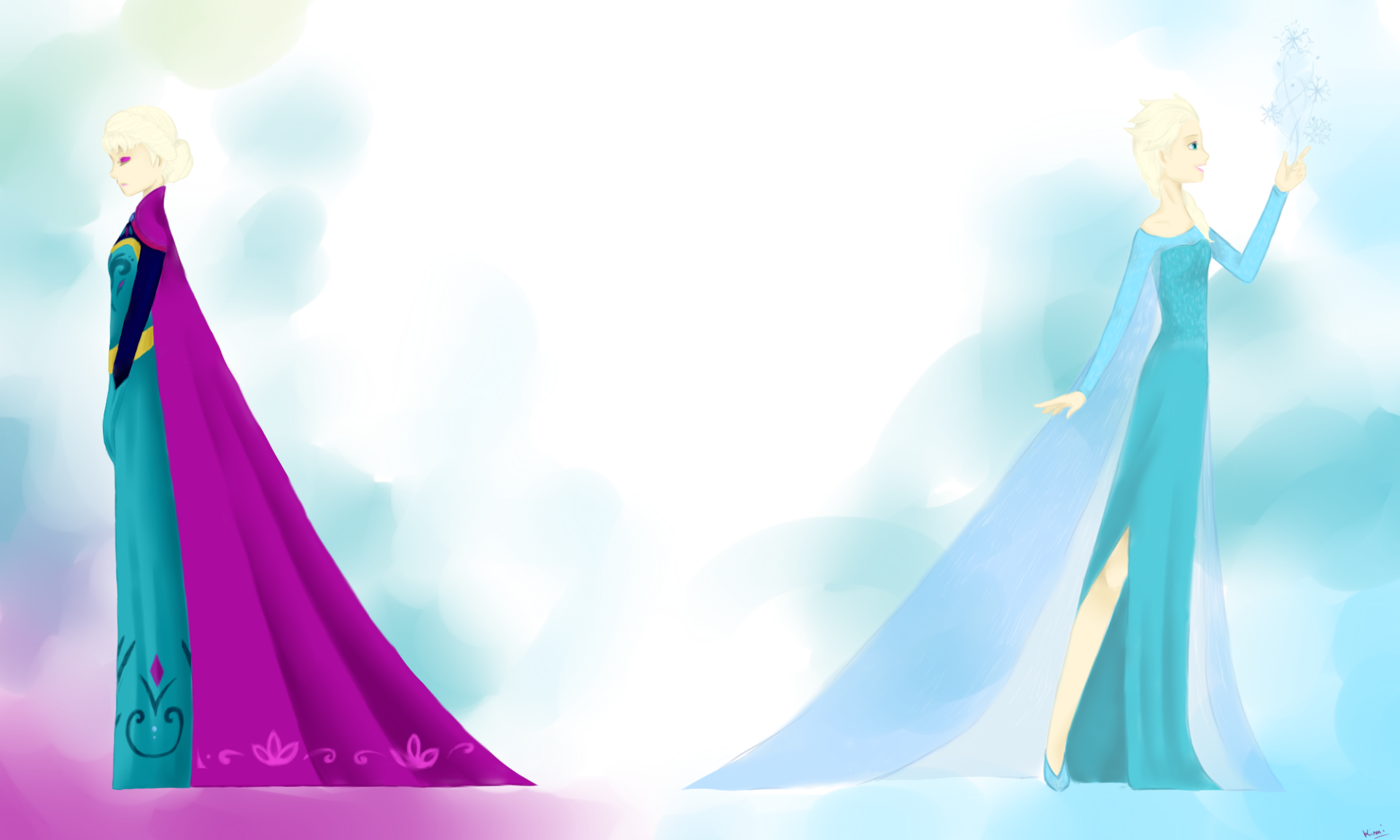 HD PC desktop wallpaper of Elsa from Frozen: two stylized figures in blue and purple gowns amid soft snow and a pale blue-white background.