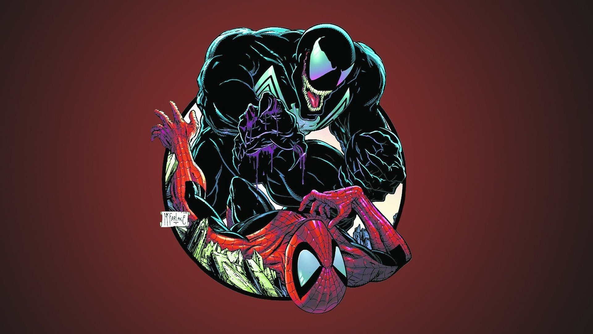 A dynamic comic-style illustration featuring Spider-Man and Venom in an intense moment, designed as a high-definition desktop wallpaper and background.