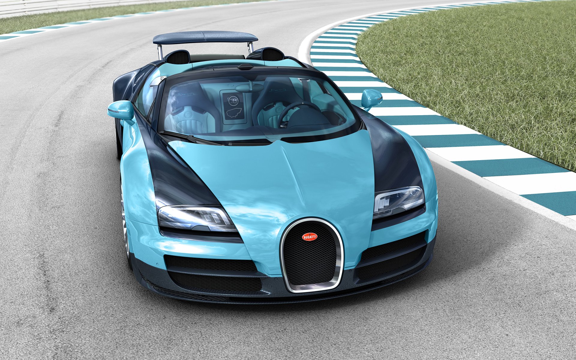 Front view of a turquoise-and-black Bugatti Veyron Grand Sport Vitesse on a racetrack curve — 2K Quad HD PC desktop wallpaper background.