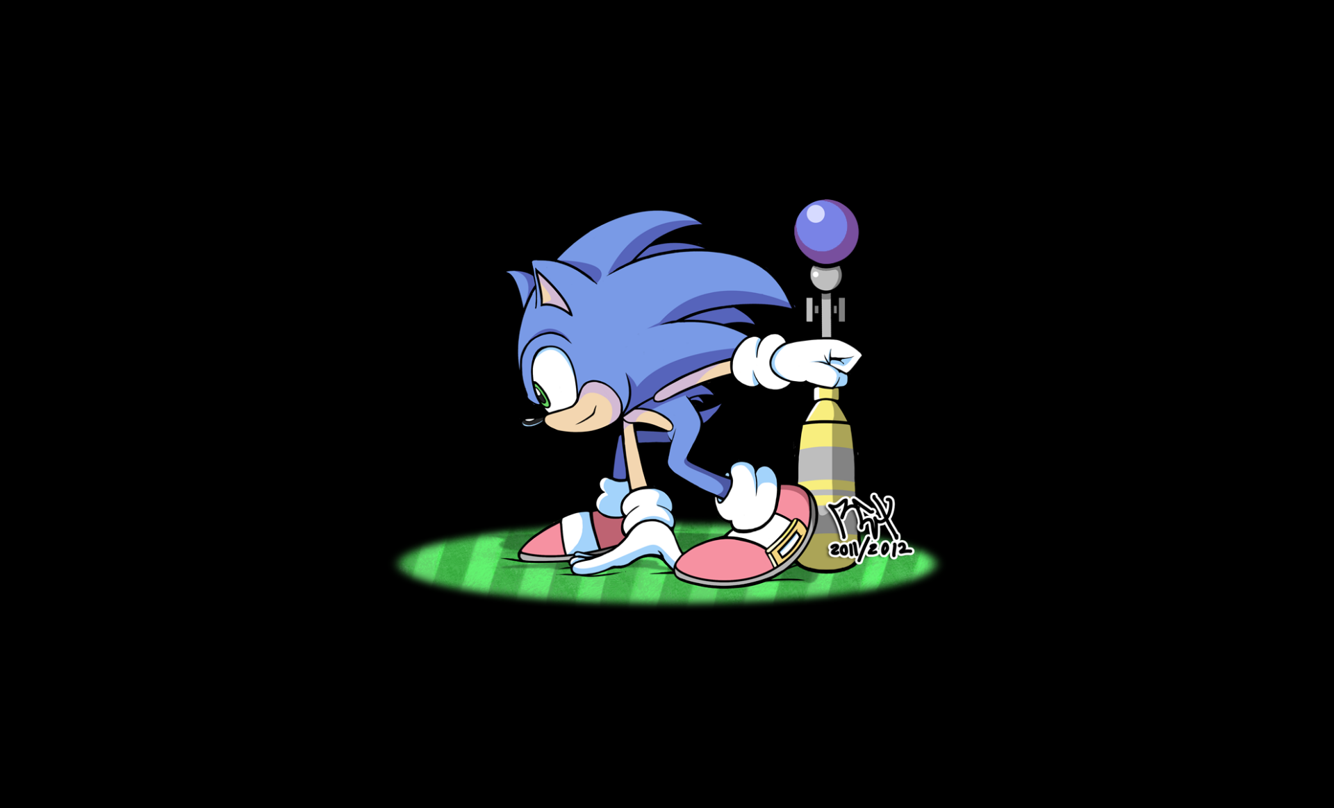 HD PC desktop wallpaper featuring Sonic the Hedgehog from the video game, poised in a dynamic crouch holding a glowing staff against a black background.