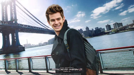 HD desktop wallpaper featuring Andrew Garfield as Peter Parker in The Amazing Spider-Man 2, with a cityscape and bridge in the background.