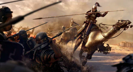 HD PC desktop wallpaper featuring an intense battle scene from the video game Total War: Rome II with soldiers and a mounted warrior in action.