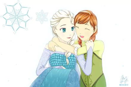 HD PC desktop wallpaper of Elsa and Anna from the movie Frozen, smiling and embracing against a white snowy background with stylized snowflakes.