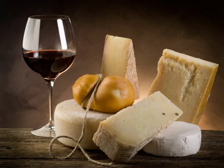 HD PC desktop wallpaper featuring an assortment of cheeses, a pretzel, and a glass of red wine on a rustic wooden surface.