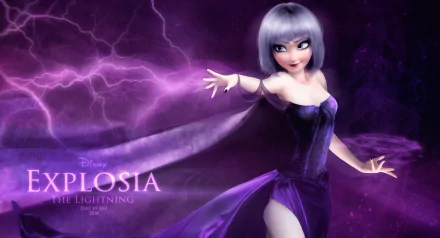 HD PC desktop wallpaper featuring Elsa from Frozen wielding purple lightning in a dark fantasy setting.