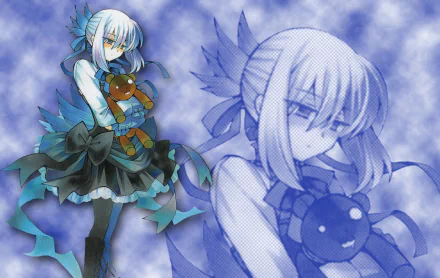 HD PC desktop wallpaper featuring Echo from the anime Pandora Hearts, showcasing her holding a teddy bear against a blue, cloudy background.