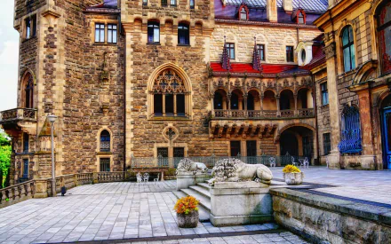 HD desktop wallpaper of Moszna Castle's detailed stone façade with arches, windows, and sculpted lion statues on a paved courtyard under natural daylight.