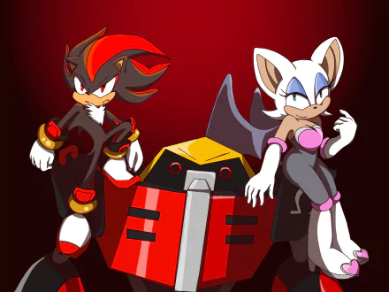 E-123 Omega stands between Rouge the Bat and Shadow the Hedgehog in this vibrant 4K Ultra HD wallpaper, featuring characters from the video game Sonic Heroes.