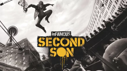 HD wallpaper of inFAMOUS: Second Son, featuring the protagonist leaping across a cityscape background.