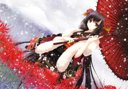 HD anime wallpaper of a girl in traditional attire holding a red umbrella, surrounded by falling snow and vibrant red flowers.