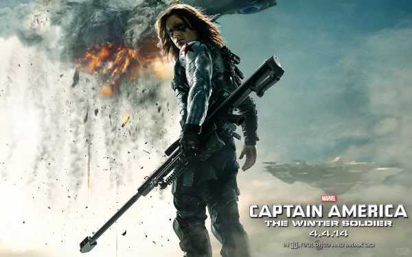 HD wallpaper featuring the Winter Soldier from Captain America: The Winter Soldier, showcasing Sebastian Stan holding a sniper rifle against a dramatic background.