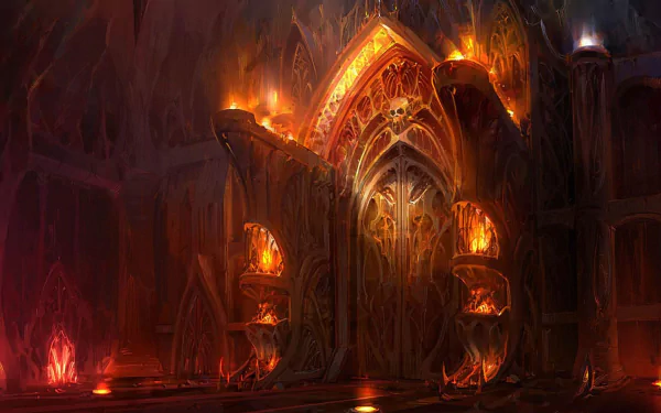 A dark fantasy scene featuring an ornate, fiery archway set against a shadowy backdrop, creating a captivating atmosphere for a HD PC desktop wallpaper or background.