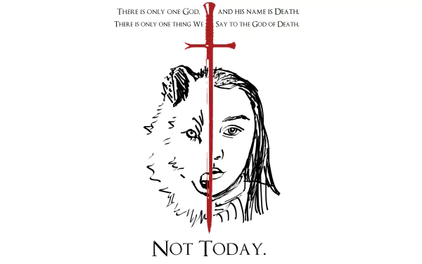 Minimalist 8K Ultra HD Game of Thrones desktop wallpaper featuring Arya Stark split with a red sword and the quote, There is only one god... Not today.