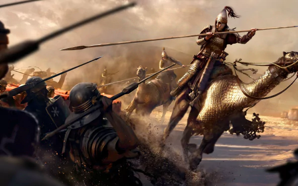 HD PC desktop wallpaper featuring an intense battle scene from the video game Total War: Rome II with soldiers and a mounted warrior in action.