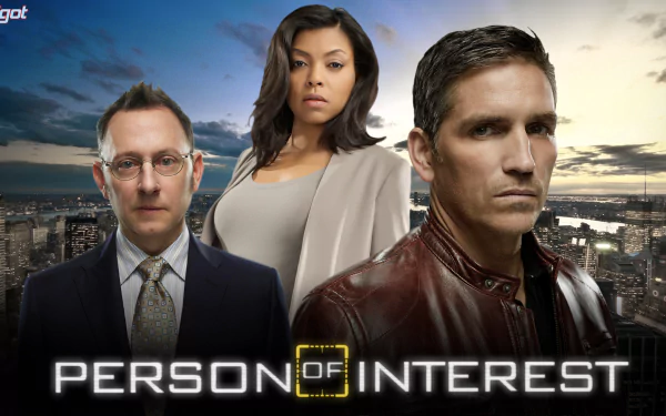 HD desktop wallpaper featuring Jim Caviezel and Michael Emerson from the TV show Person of Interest against a city skyline at sunset.