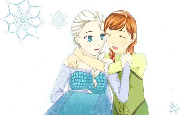 HD PC desktop wallpaper of Elsa and Anna from the movie Frozen, smiling and embracing against a white snowy background with stylized snowflakes.
