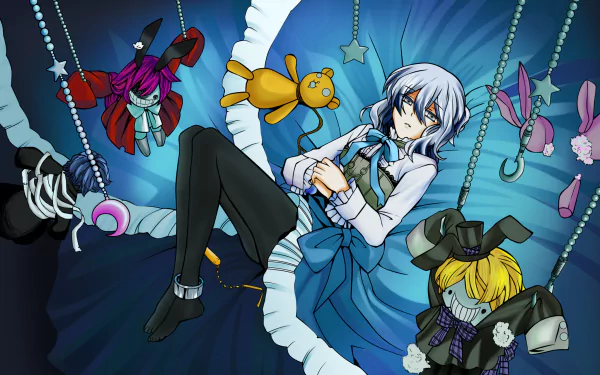 HD PC desktop wallpaper featuring Echo from Pandora Hearts, surrounded by hanging plush toys and set against a dark, whimsical anime-style background.
