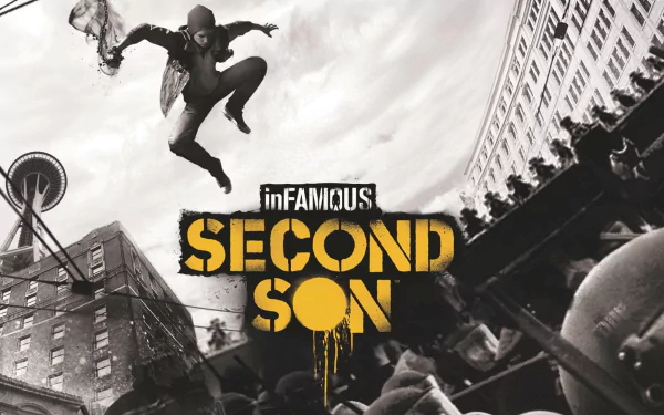 HD wallpaper of inFAMOUS: Second Son, featuring the protagonist leaping across a cityscape background.