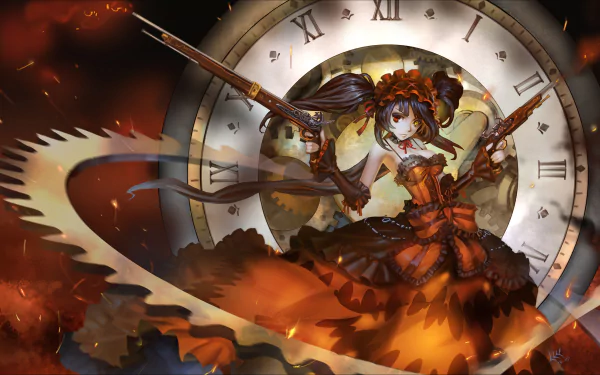HD wallpaper featuring Kurumi Tokisaki from the anime Date A Live. She is depicted in a dynamic pose with a clock backdrop, holding two guns and wearing a detailed, dark-toned outfit.