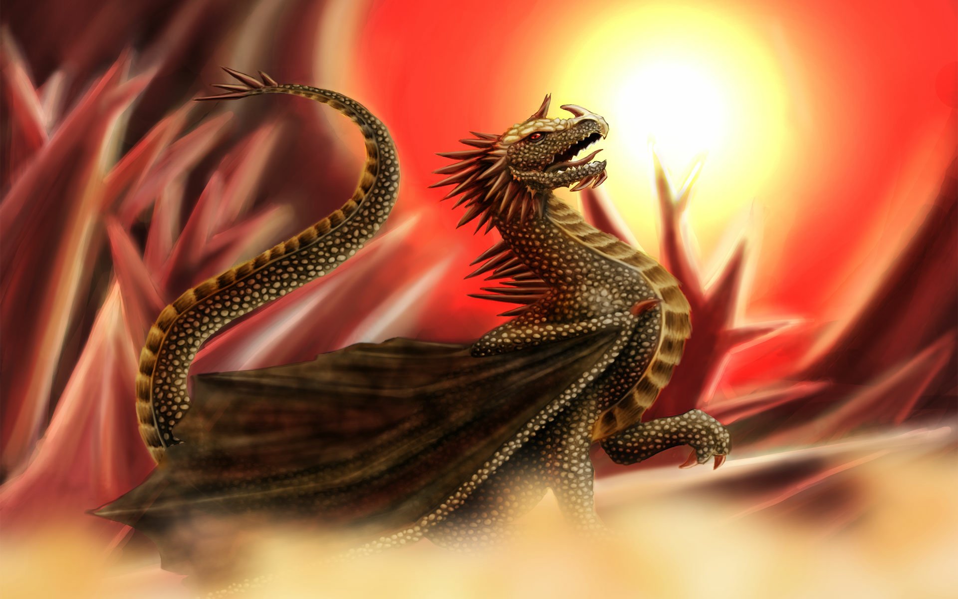 HD PC desktop wallpaper and background showing a fantasy golden dragon rearing toward a blazing sun over jagged red rocks with smoky, glowing atmosphere.