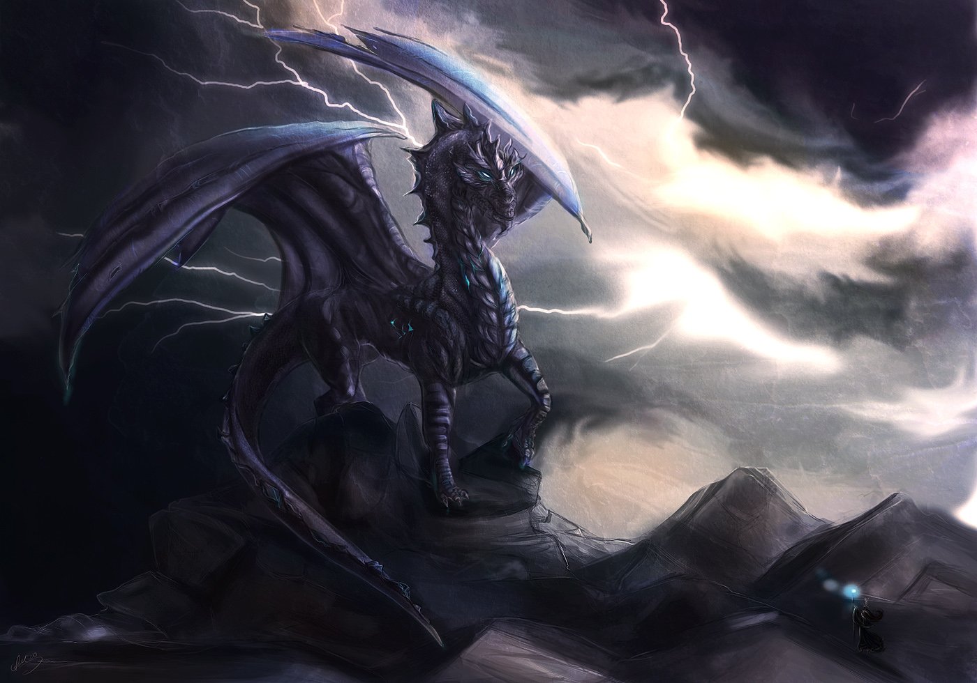 A fierce black dragon perched on jagged rocks under a stormy sky with lightning, depicted in a fantasy-themed HD PC desktop wallpaper.