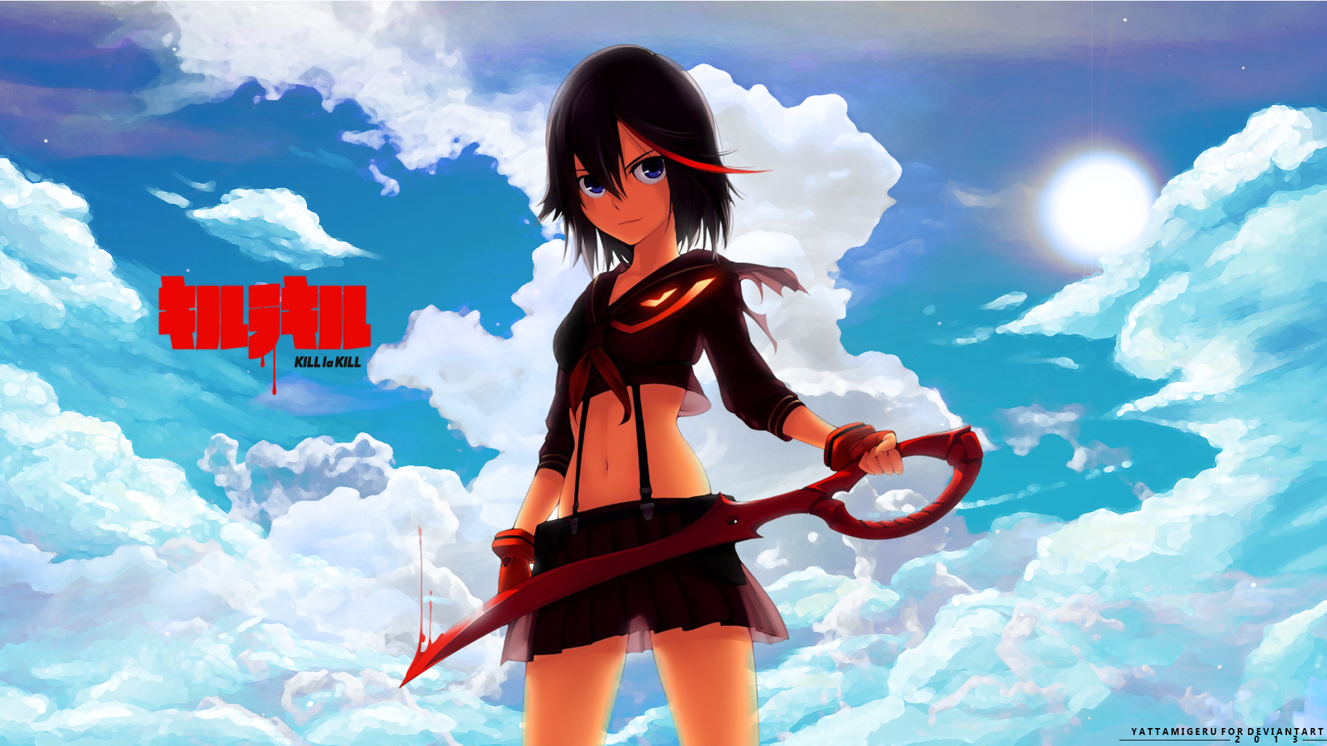 HD PC wallpaper of Ryūko Matoi from the anime Kill La Kill, standing confidently with her signature scissor blade against a vibrant blue sky with clouds and sunlight.