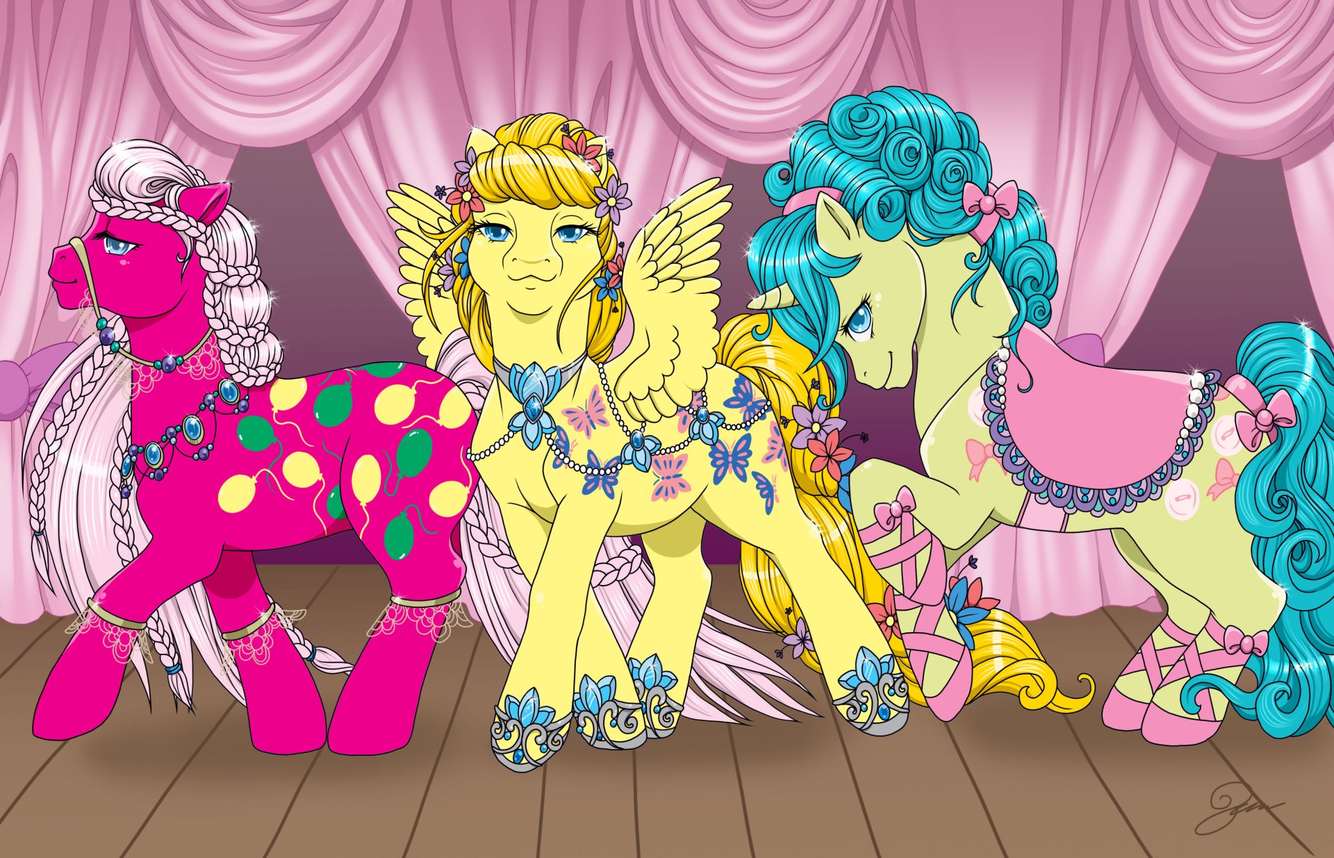 My Little Pony TV show wallpaper: three ornate pastel ponies posed on a curtained stage with floral tack and flowing manes — 2K Quad HD PC desktop background.