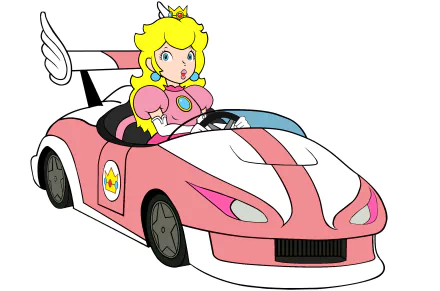 Princess Peach from the Mario Kart Wii video game driving a pink and white race car, featured in a vibrant HD PC desktop wallpaper.