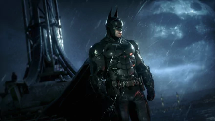 A striking HD wallpaper featuring Batman from the video game Batman: Arkham Knight, showcasing the iconic hero in a dark, atmospheric setting.
