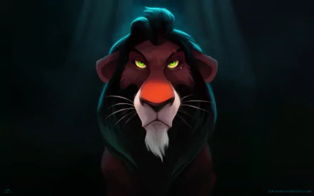 HD wallpaper featuring Scar from The Lion King (1994), showcasing his menacing gaze and dark mane against a dramatic background.