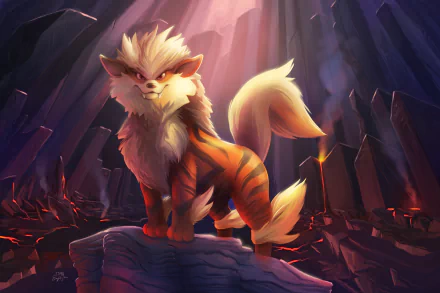 HD desktop wallpaper of Arcanine, a Pokémon from the video game series. Arcanine stands majestically on a rock in a dramatic, mountainous landscape with sunlight streaming through the clouds.