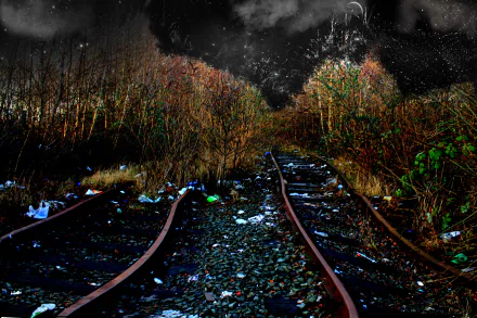 Abandoned railway tracks framed by overgrown vegetation and litter, set against a dark, starry night sky. A striking 4K Ultra HD wallpaper showcasing night photography and manipulation.