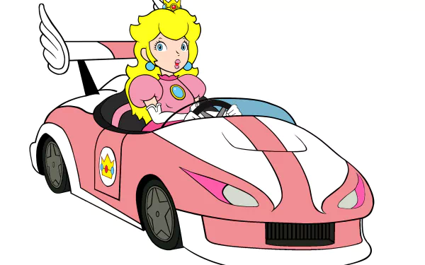 Princess Peach from the Mario Kart Wii video game driving a pink and white race car, featured in a vibrant HD PC desktop wallpaper.