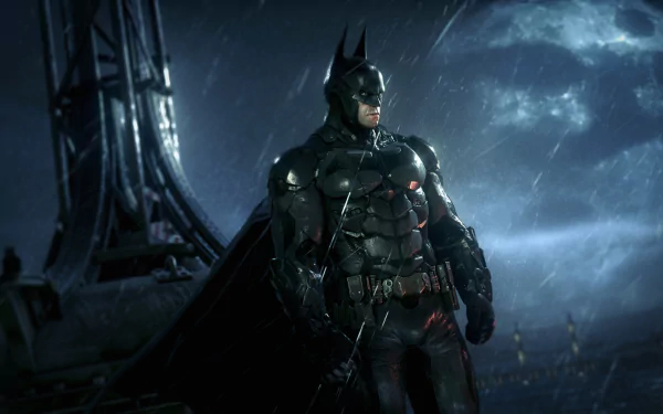 A striking HD wallpaper featuring Batman from the video game Batman: Arkham Knight, showcasing the iconic hero in a dark, atmospheric setting.