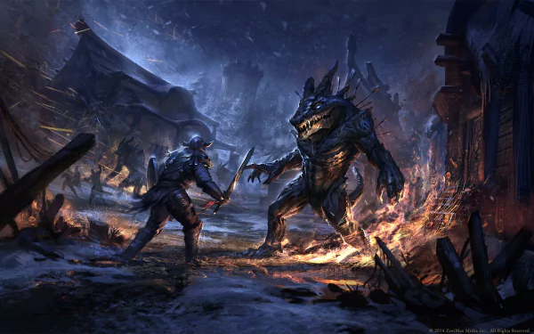A dramatic scene from The Elder Scrolls: Online, featuring a fierce confrontation between a warrior and a monstrous creature, set against a dark, fiery background. HD PC desktop wallpaper.