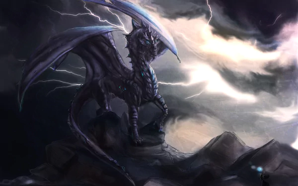A fierce black dragon perched on jagged rocks under a stormy sky with lightning, depicted in a fantasy-themed HD PC desktop wallpaper.